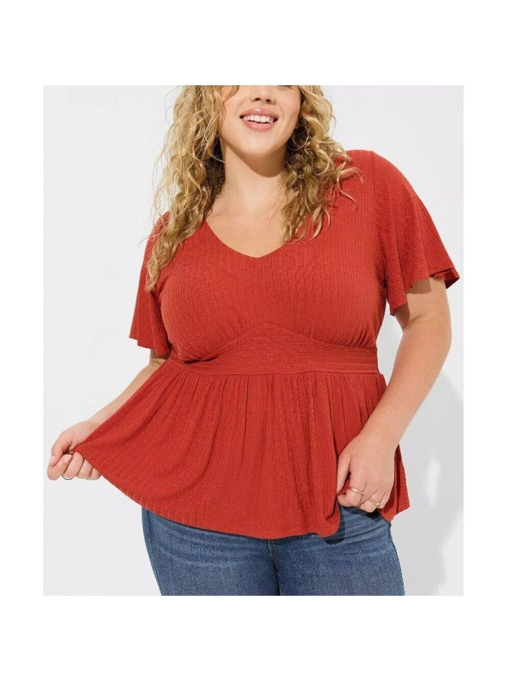 torrid Rust Red Textured V-Neck Flutter Sleeve Peplum Top